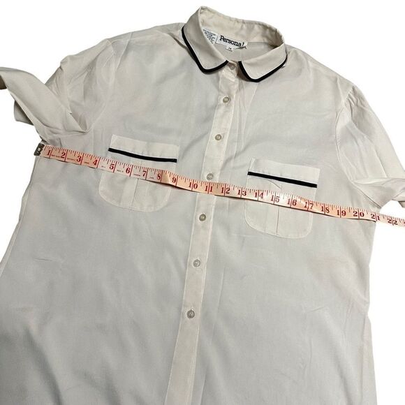 Vintage crepe white with black edging long sleeve button down blouse size 14 - Picture 7 of 9
